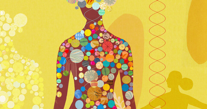 Double helix and lots of colourful circles inside female body