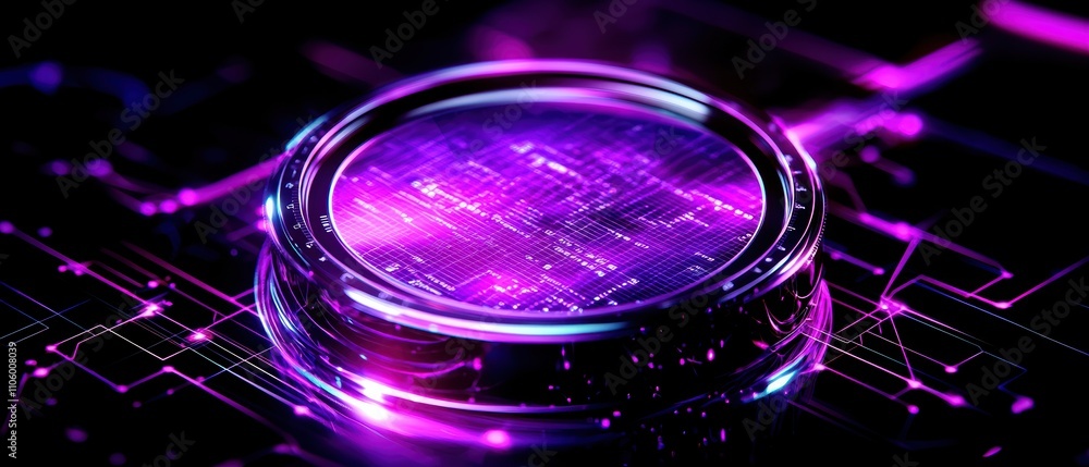 Poster a vibrant, futuristic design featuring a circular element with purple hues and intricate digital pat