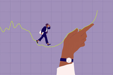 Hand holding up line graph for businesswoman to walk along