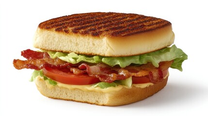 A classic BLT sandwich with crispy bacon, fresh lettuce, and juicy tomato slices, layered between toasted bread.