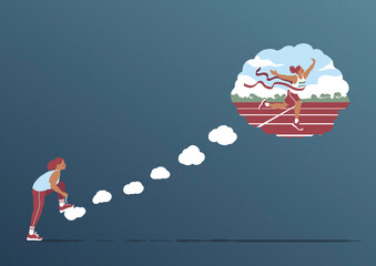 Girl fastening running shoe imagining winning the race