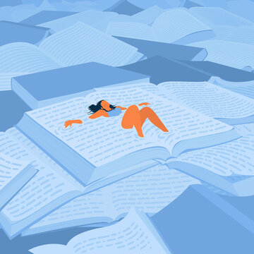 Woman floating in sea of books