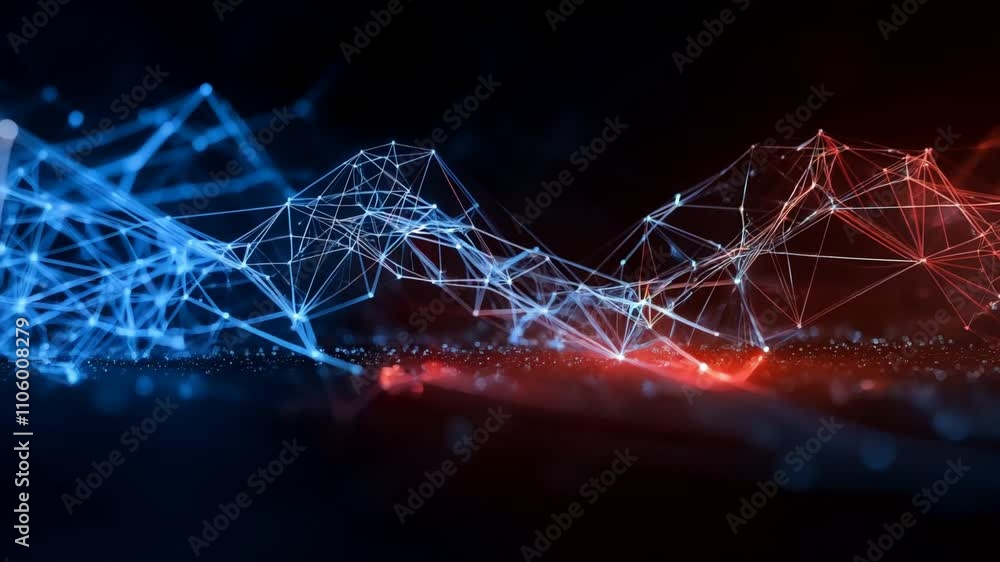 Poster dynamic digital network connections in blue and red create abstract visual representation of technol