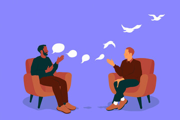 Man’s speech bubbles changing into birds in counselling session