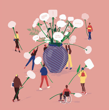 People putting speech bubble flowers in vase