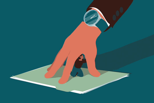 Businessman’s hand forming cage trapping woman on folder