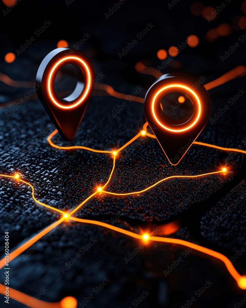 Poster a futuristic representation of location markers glowing on a dark surface, symbolizing navigation an