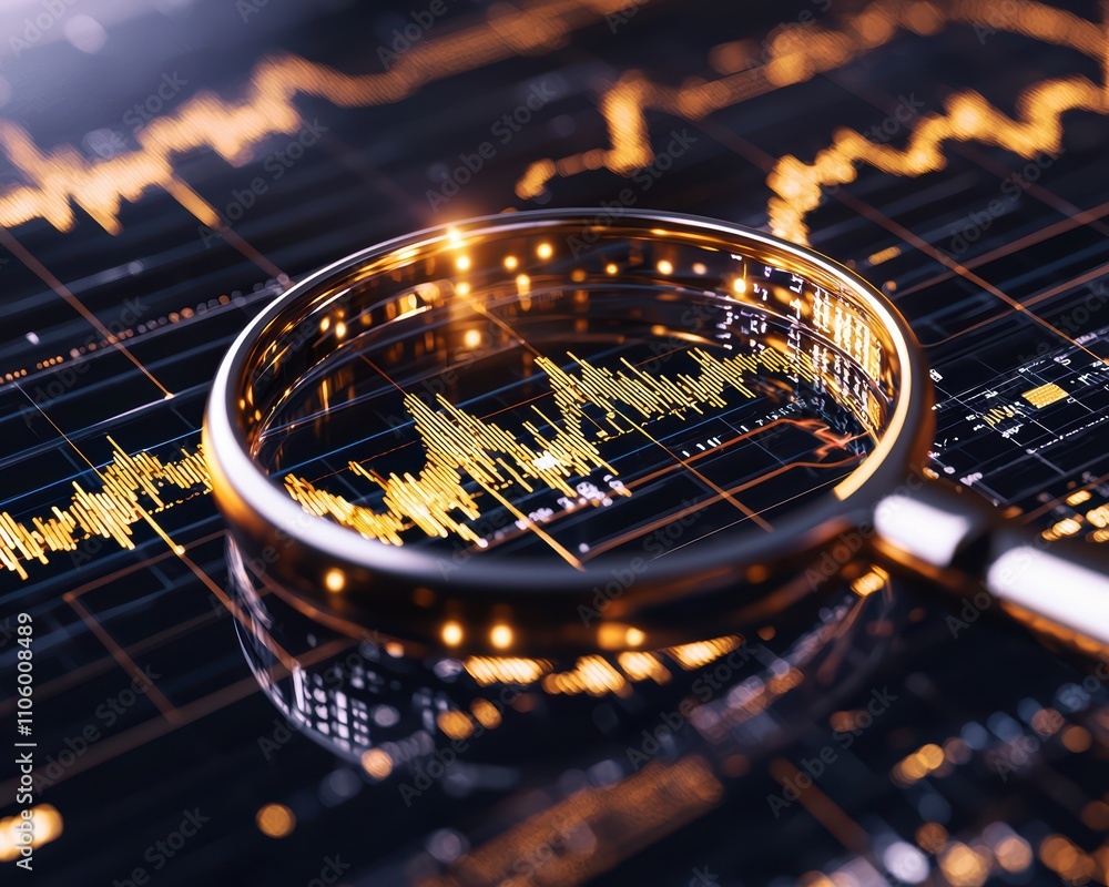 Poster a magnifying glass focuses on a digital graph displaying fluctuating data trends, emphasizing analys