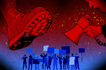 Military boot stepping on protesters demonstrating