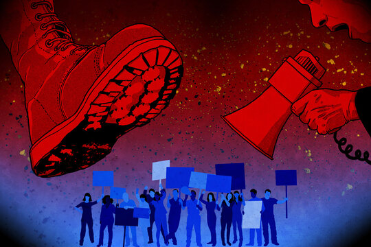 Military boot stepping on protesters demonstrating