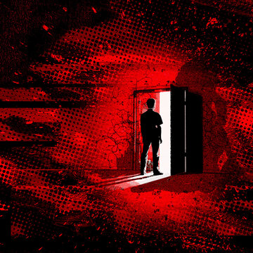 Man looking into light from dark red room 