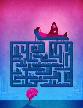 Brain with problem accessing mental health treatment through maze