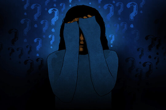 Woman in despair with hands over face surrounded by question marks