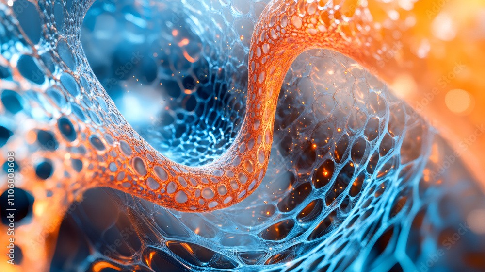 Poster organic orange and blue structure creating a tunnel effect with floating light particles, ideal for 