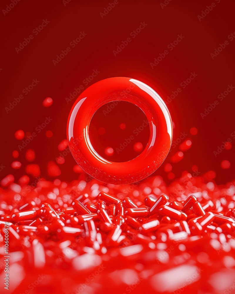 Poster a vibrant red ring hovers above a bed of smaller red pellets, creating a striking visual contrast in