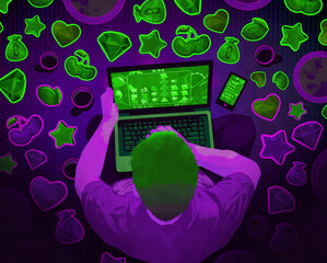 Overhead view of man gambling online