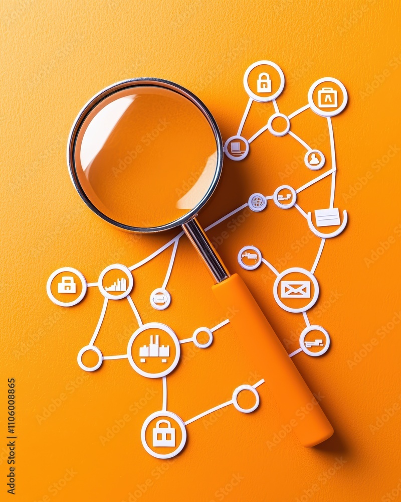 Poster a magnifying glass on an orange background, surrounded by interconnected icons representing various 