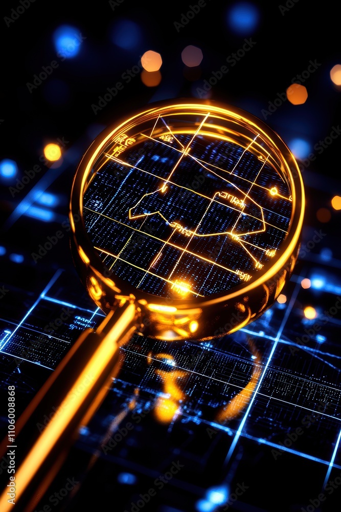 Poster a golden magnifying glass focuses on a digital grid, highlighting interconnected data points against
