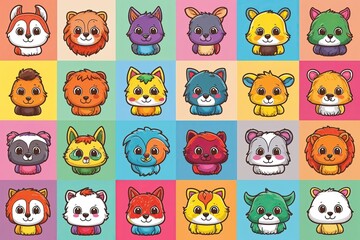 Obraz premium Bright and Colorful Animal Character Icons for Children: Whimsical Doodle Art Collection