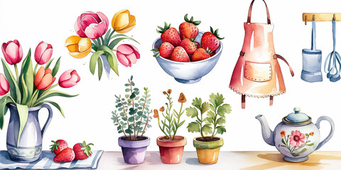 Watercolor Illustration of a Cozy Springtime Kit