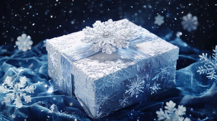 Create a magical Christmas scene with a frosted silver gift box, snowflakes, glowing silver ribbon, and a deep blue backdrop with twinkling stars and soft, ethereal light.