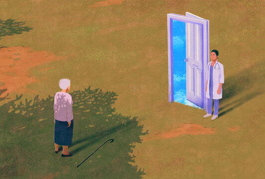 Elderly woman looking at doctor standing beside door opening to blue sky