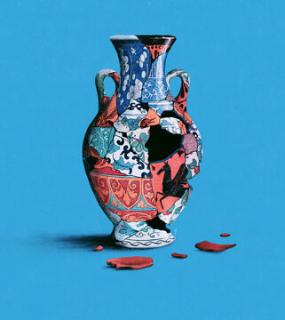 Face shaped hole in broken vase made from mismatched pieces