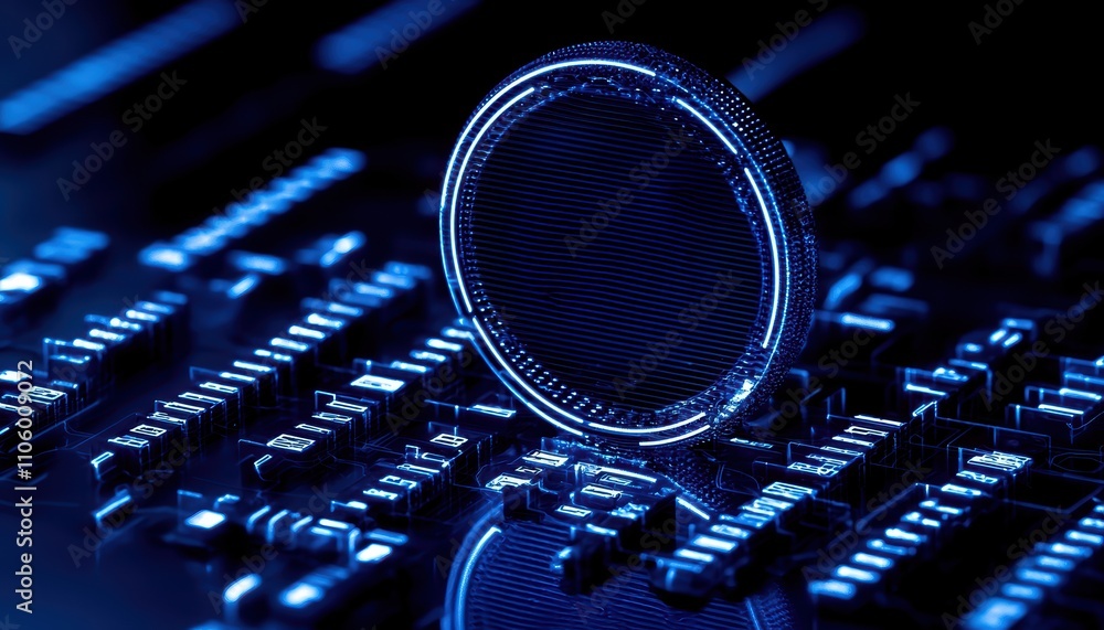 Poster a close-up image of a circuit board featuring a prominent, circular component illuminated in blue to