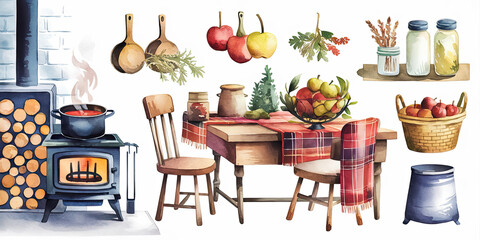 Watercolor Illustration of a Cozy Winter Kitchen