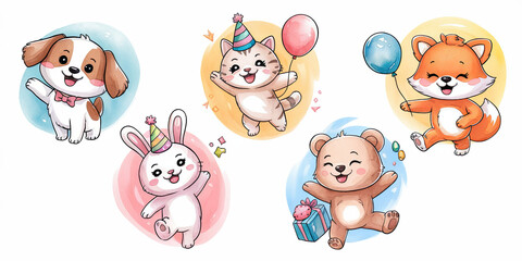 Naklejka premium Watercolor Illustration of a Cute Animal Party