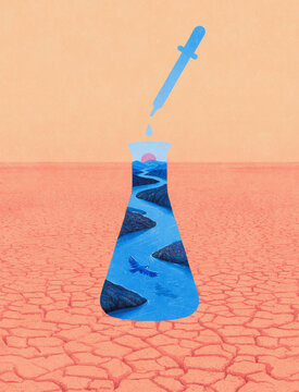 River flowing in chemistry flask in arid desert