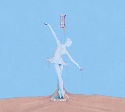 Sand running from hourglass over young woman ballet dancing