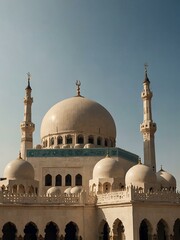 Fototapeta premium Emirati mosque dome with minarets and blue sky, room for text.