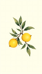 Branch with two yellow lemons and green leaves on soft cream background