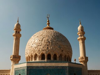 Emirati mosque dome with minarets, blue sky for text.