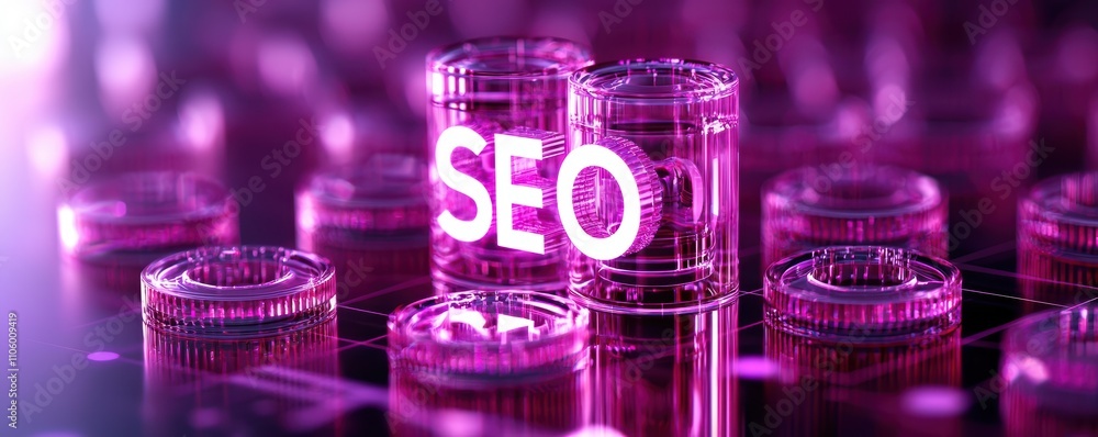 Poster a vibrant, digital representation of seo concepts, featuring illuminated text amidst a background of