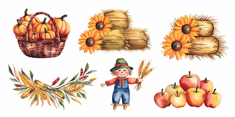 Fototapeta premium Watercolor Illustration of a Festive Autumn Harvest Scene