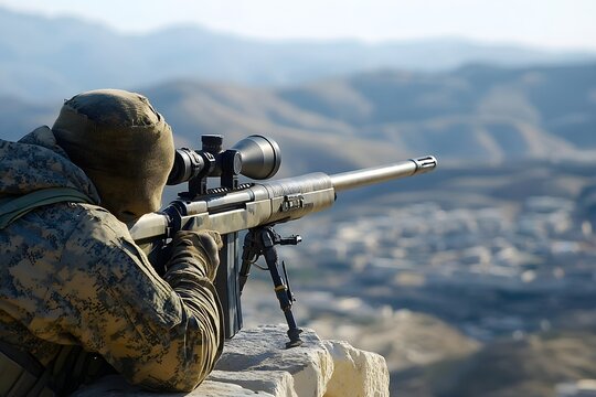 This is a photo of a large-caliber sniper soldier wearing a fully armed uniform, hiding behind an obstacle on a high mountain and aiming at a distant target.
