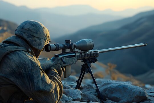 This is a photo of a large-caliber sniper soldier wearing a fully armed uniform, hiding behind an obstacle on a high mountain and aiming at a distant target.