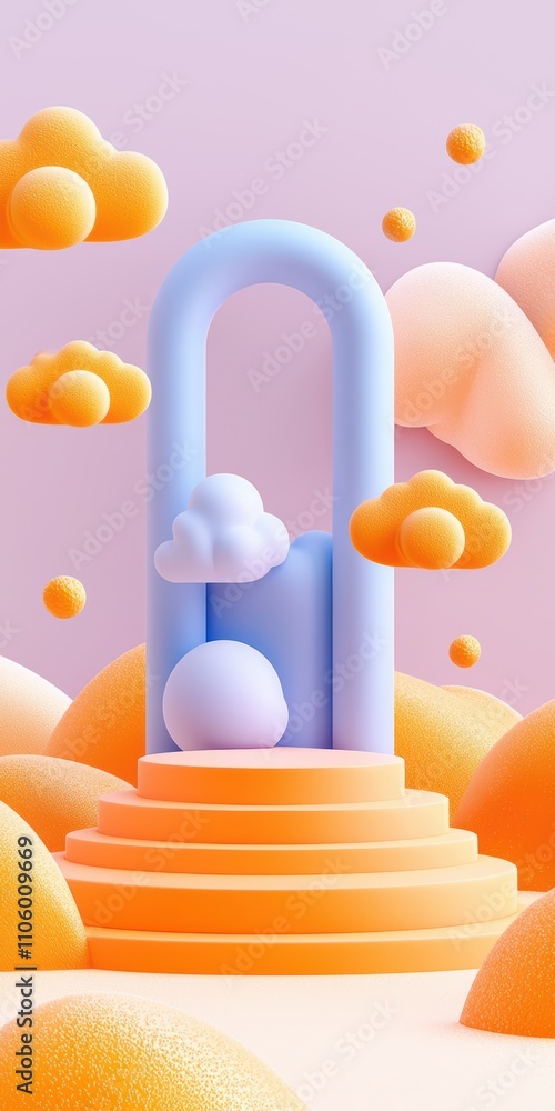 Poster a colorful 3d scene featuring stylized clouds, shapes, and structures, creating a whimsical and play