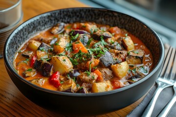 Fototapeta premium A bowl of appetizing and delicious Korean food made with potatoes, mushrooms, chicken and spicy red broth is on the table.
