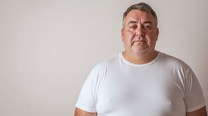 Obraz premium Portrait of fat, overweight middle-aged man wearing white t-shirt, looking at the camera, isolated on white background. diabetes disease and obesity, depressed person.