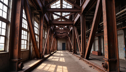 interior of abandoned industrial building showcasing rusted trusses and large windows