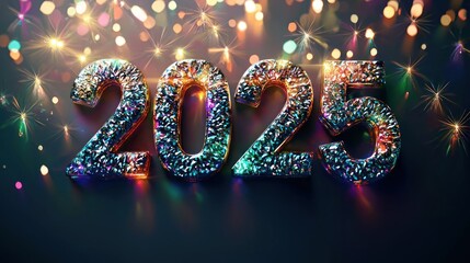 Written text "2025" in a diamond-cut font with sparkling facets on a dark gradient background.