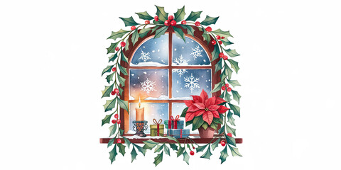 Watercolor painting of a festive winter window adorned with frosty patterns, twinkling lights, and a warm holiday glow.