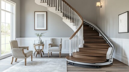A curved staircase with a sleek stair lift, symbolizing convenience and thoughtful home design