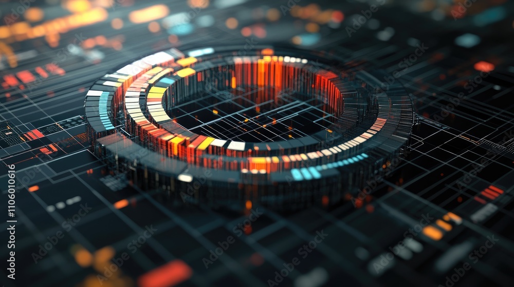 Poster a futuristic 3d circular graph with translucent segments, hovering in a digital grid environment, sh