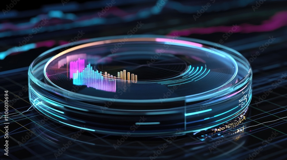 Poster a futuristic 3d circular graph with translucent segments, hovering in a digital grid environment, sh