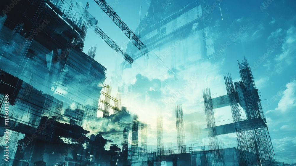 Poster double exposure of construction site with cranes and building frames rising against a blue sky with 