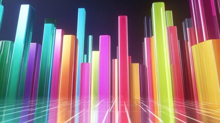 Obraz premium A futuristic 3D financial bar graph with tall, reflective bars ascending in vibrant colors, set against a sleek digital background, showcasing business growth trends.